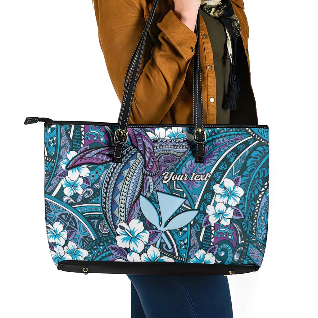 Personalised Hawaii Tribal Humpback Whale Leather Tote Bag Polu Hibiscus Seamless Pattern