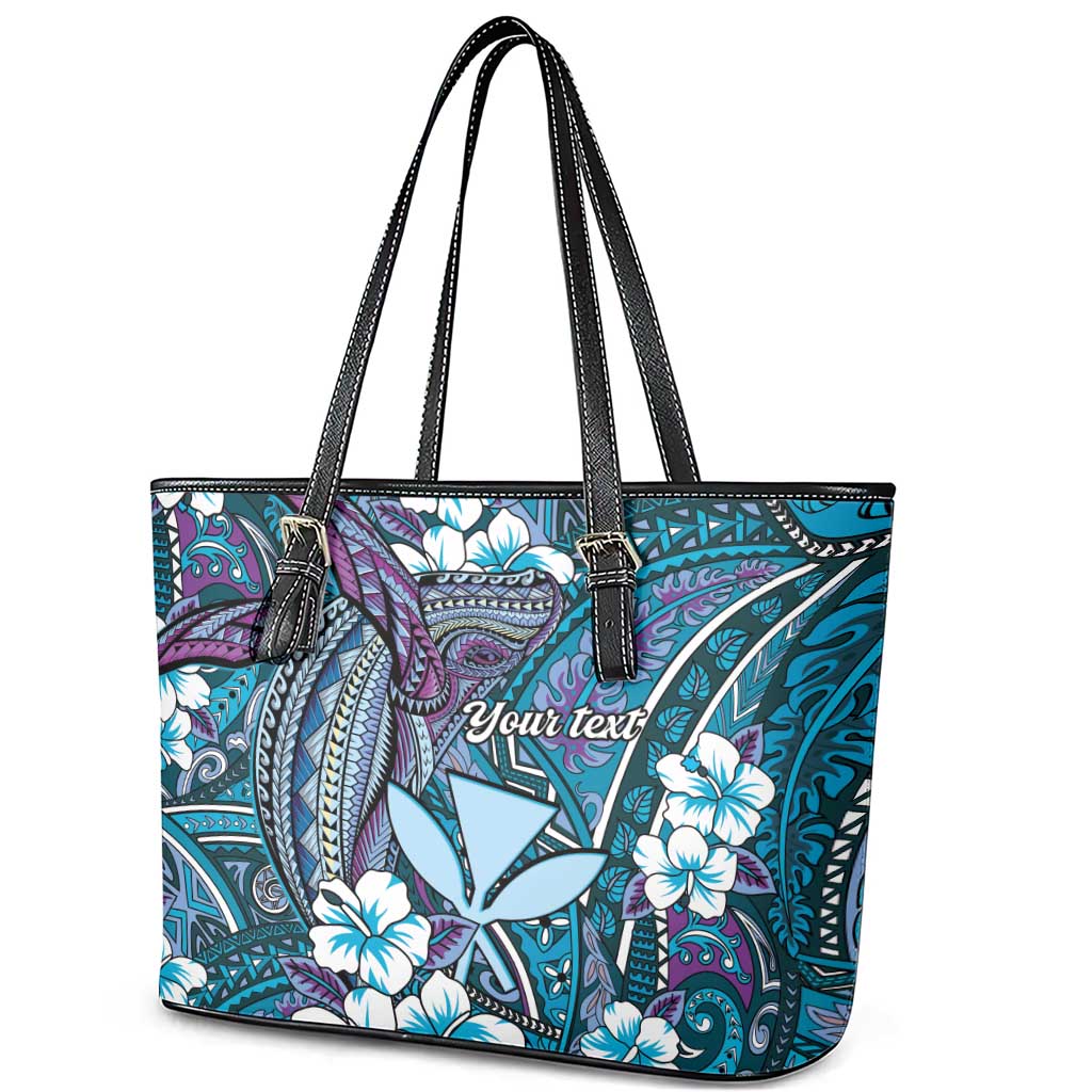 Personalised Hawaii Tribal Humpback Whale Leather Tote Bag Polu Hibiscus Seamless Pattern