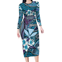 Personalised Hawaii Tribal Humpback Whale Long Sleeve Bodycon Dress Polu Hibiscus Seamless Pattern