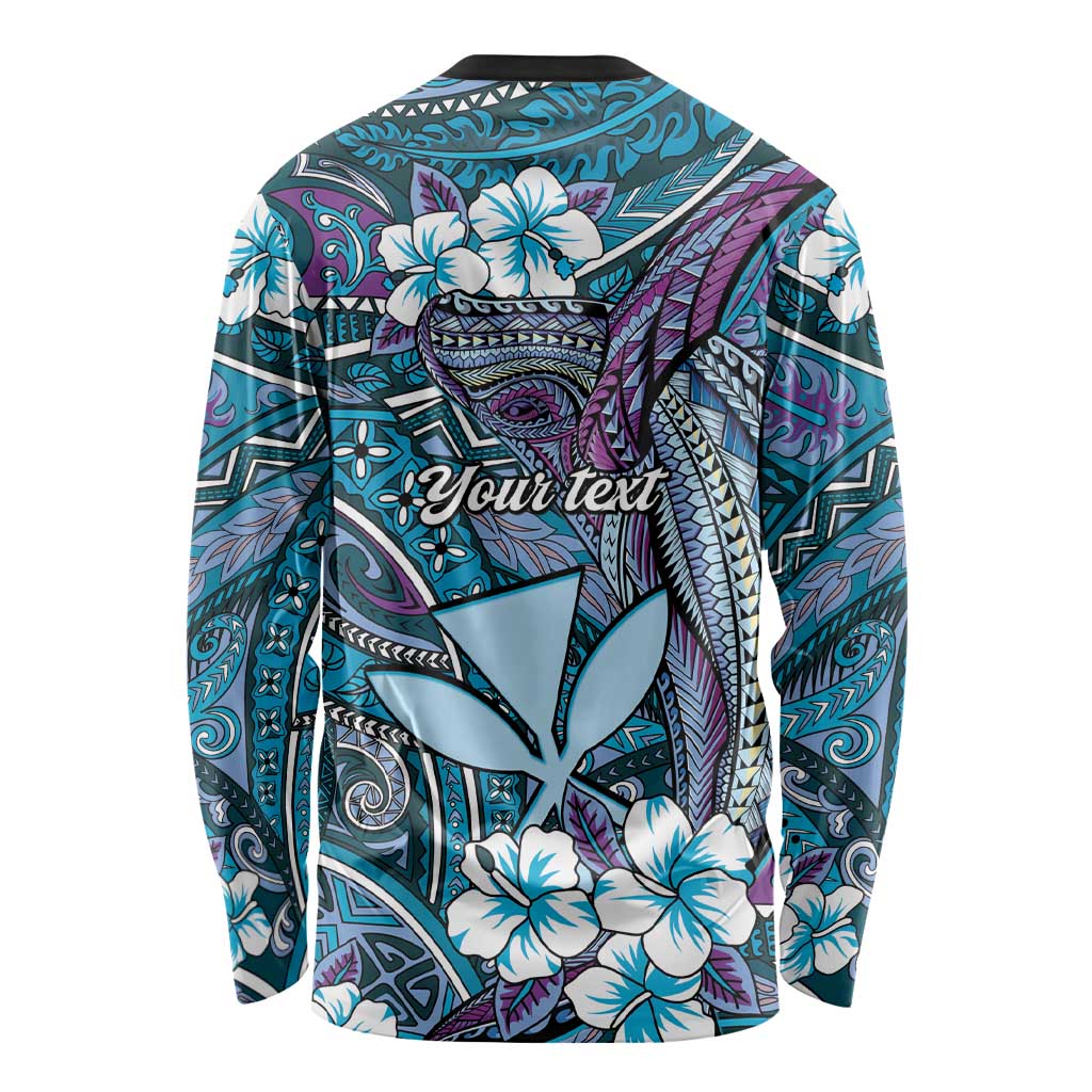 Personalised Hawaii Tribal Humpback Whale Long Sleeve Shirt Polu Hibiscus Seamless Pattern