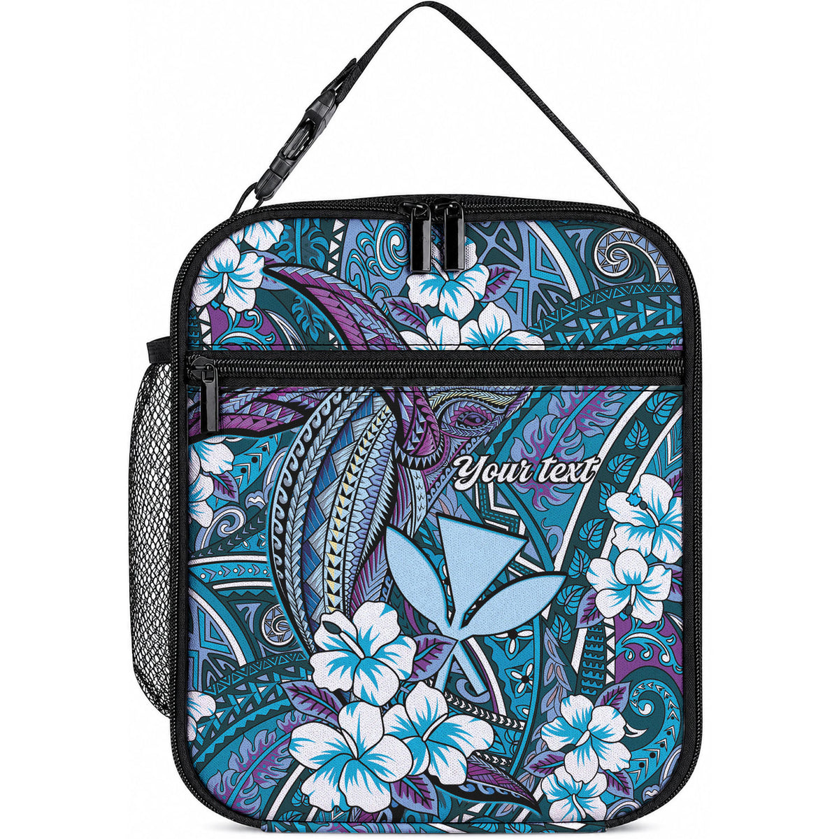 Personalised Hawaii Tribal Humpback Whale Lunch Bag Polu Hibiscus Seamless Pattern LT9 10.2 × 8.3 × 4.3 inch Blue - Polynesian Pride