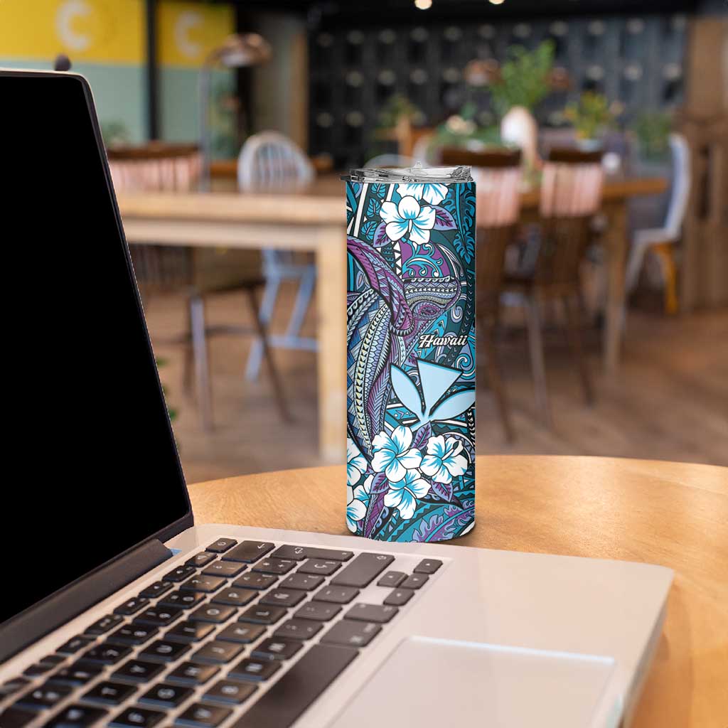 Personalised Hawaii Tribal Humpback Whale Skinny Tumbler Polu Hibiscus Seamless Pattern