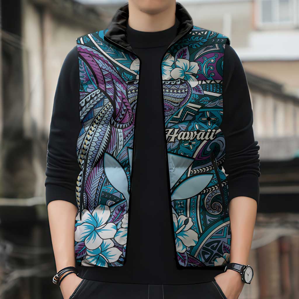 Personalised Hawaii Tribal Humpback Whale Sleeveless Puffer Jacket Polu Hibiscus Seamless Pattern