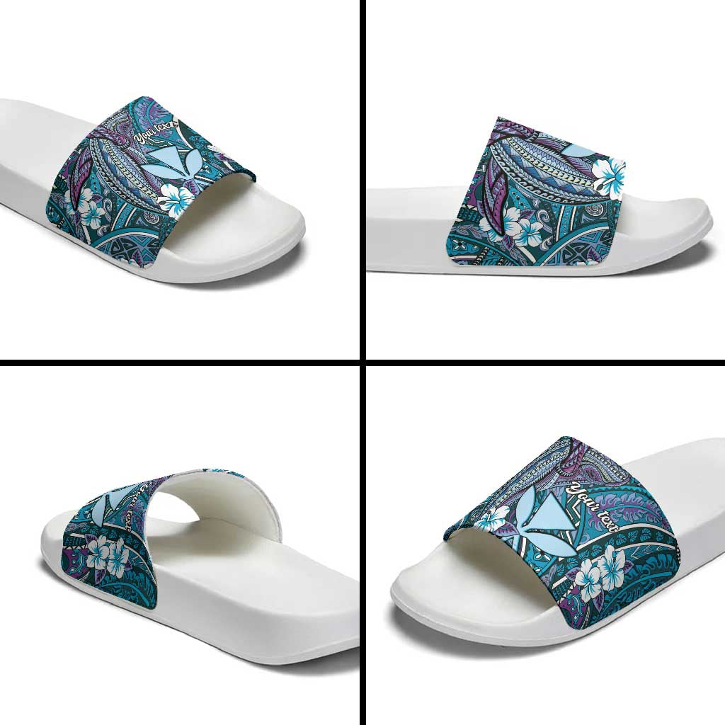 Personalised Hawaii Tribal Humpback Whale Slide Sandals Polu Hibiscus Seamless Pattern