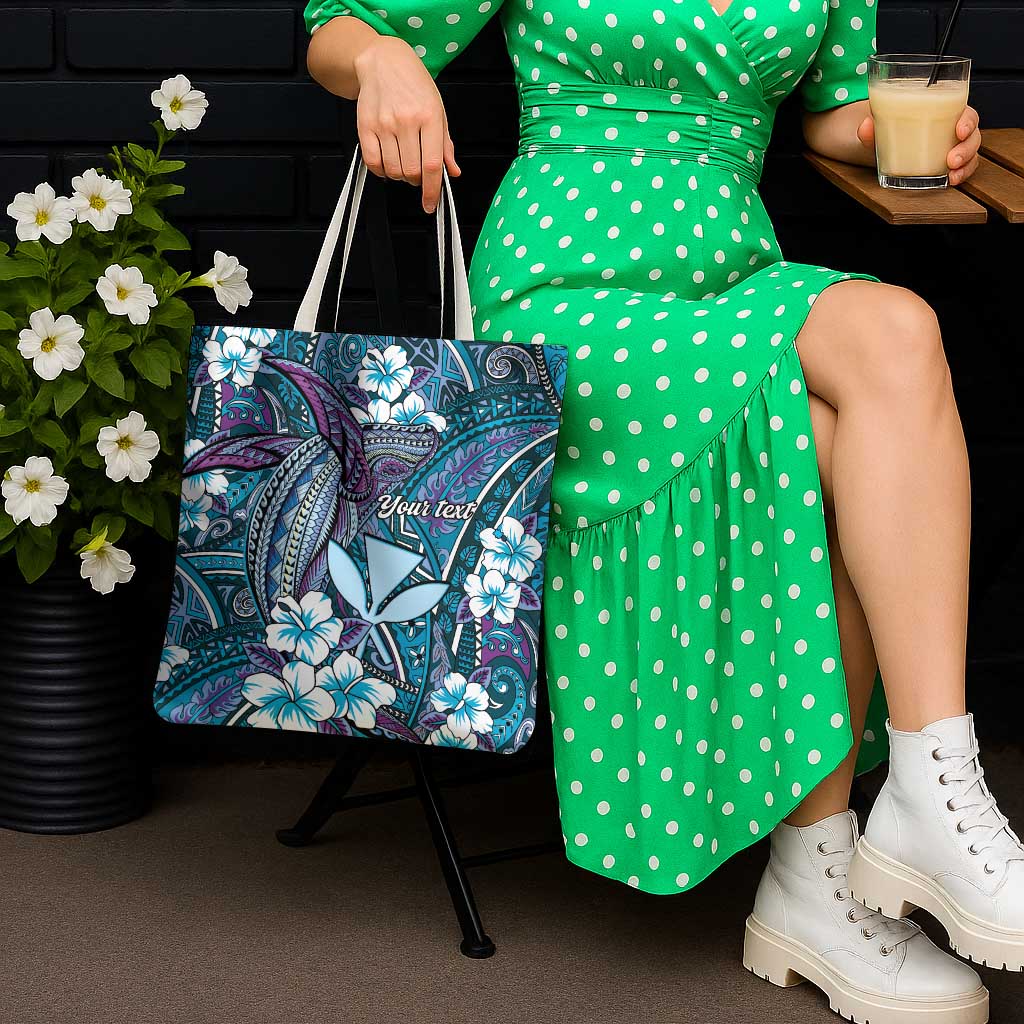 Personalised Hawaii Tribal Humpback Whale Tote Bag Polu Hibiscus Seamless Pattern