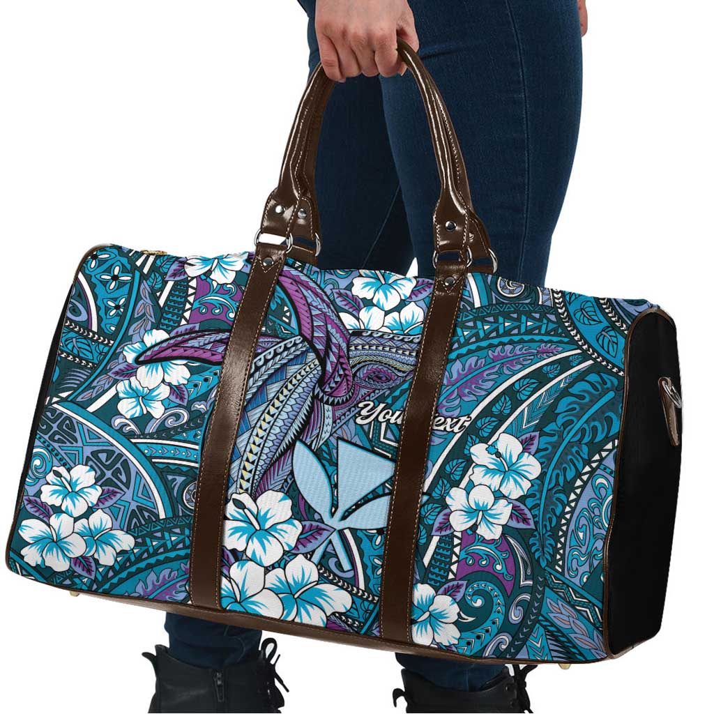 Personalised Hawaii Tribal Humpback Whale Travel Bag Polu Hibiscus Seamless Pattern