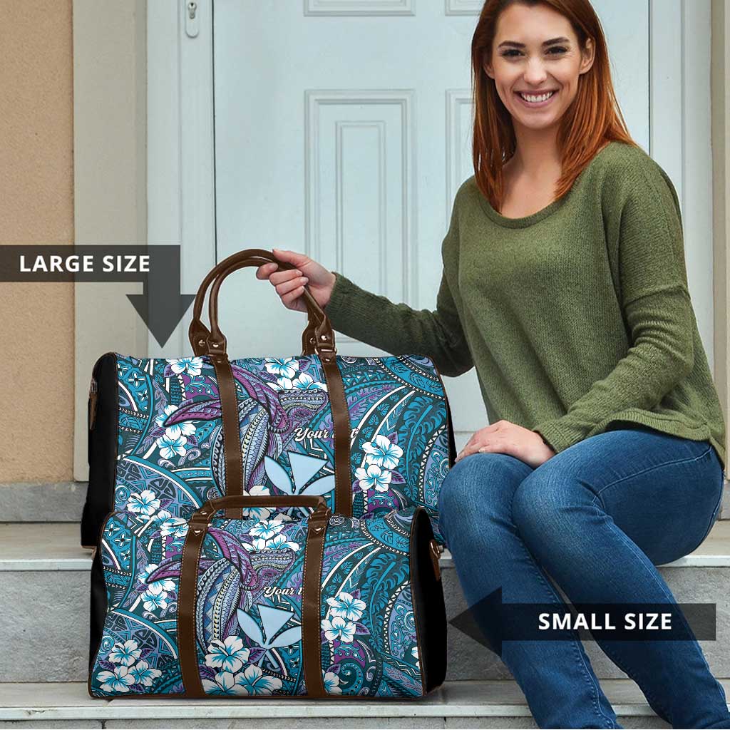 Personalised Hawaii Tribal Humpback Whale Travel Bag Polu Hibiscus Seamless Pattern