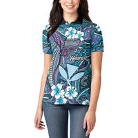 Personalised Hawaii Tribal Humpback Whale Women Polo Shirt Polu Hibiscus Seamless Pattern