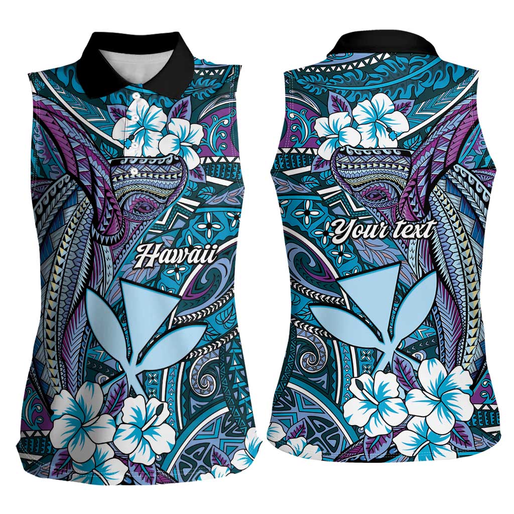 Personalised Hawaii Tribal Humpback Whale Women Sleeveless Polo Shirt Polu Hibiscus Seamless Pattern