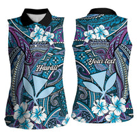 Personalised Hawaii Tribal Humpback Whale Women Sleeveless Polo Shirt Polu Hibiscus Seamless Pattern