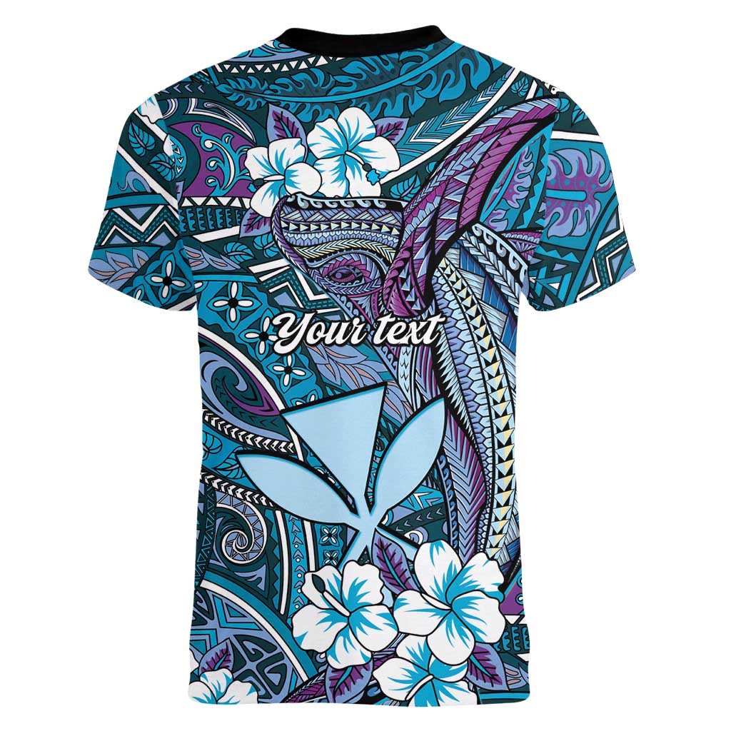 Personalised Hawaii Tribal Humpback Whale Women V-Neck T-Shirt Polu Hibiscus Seamless Pattern