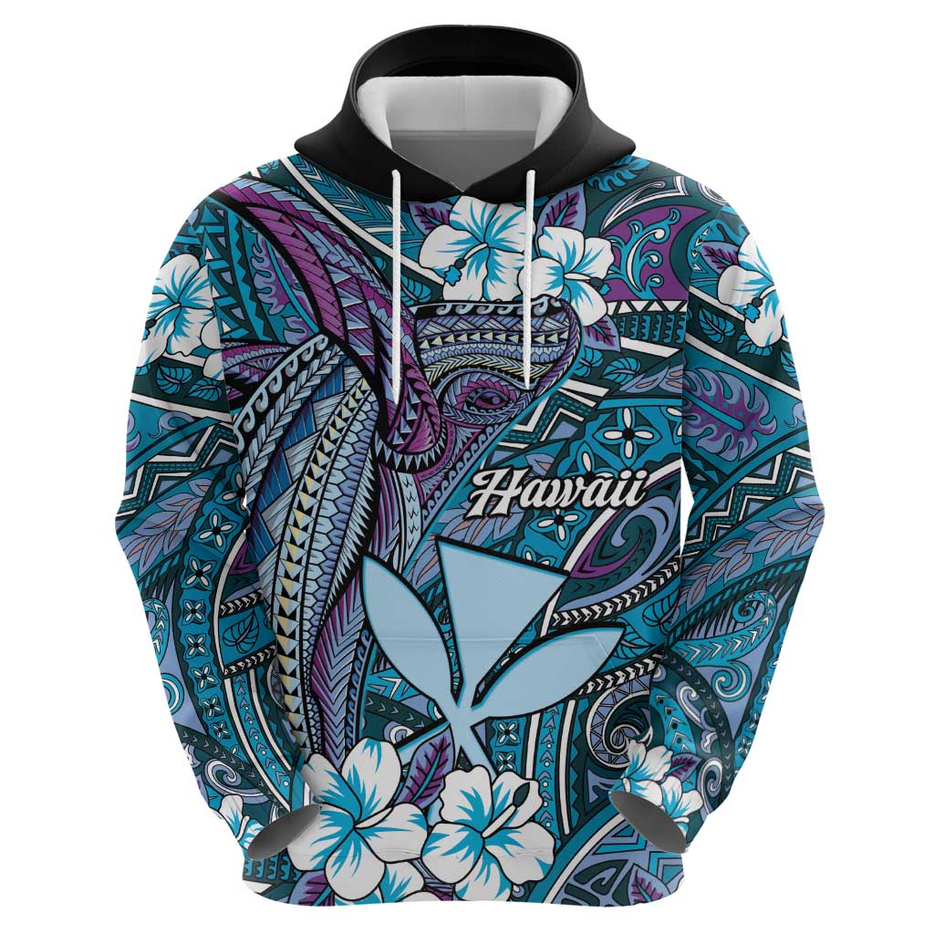 Personalised Hawaii Tribal Humpback Whale Zip Hoodie Polu Hibiscus Seamless Pattern
