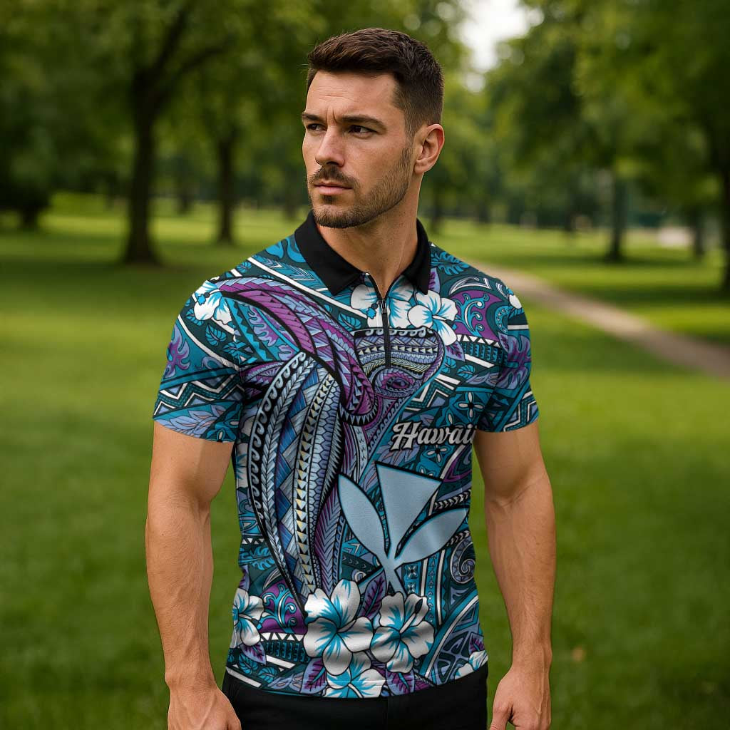 Personalised Hawaii Tribal Humpback Whale Zipper Polo Shirt Polu Hibiscus Seamless Pattern