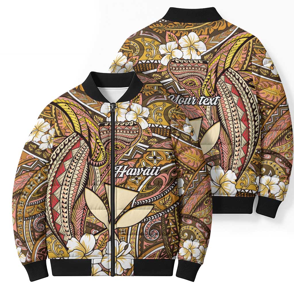 Personalised Hawaii Tribal Humpback Whale Bomber Puffer Jacket Melemele Hibiscus Seamless Pattern