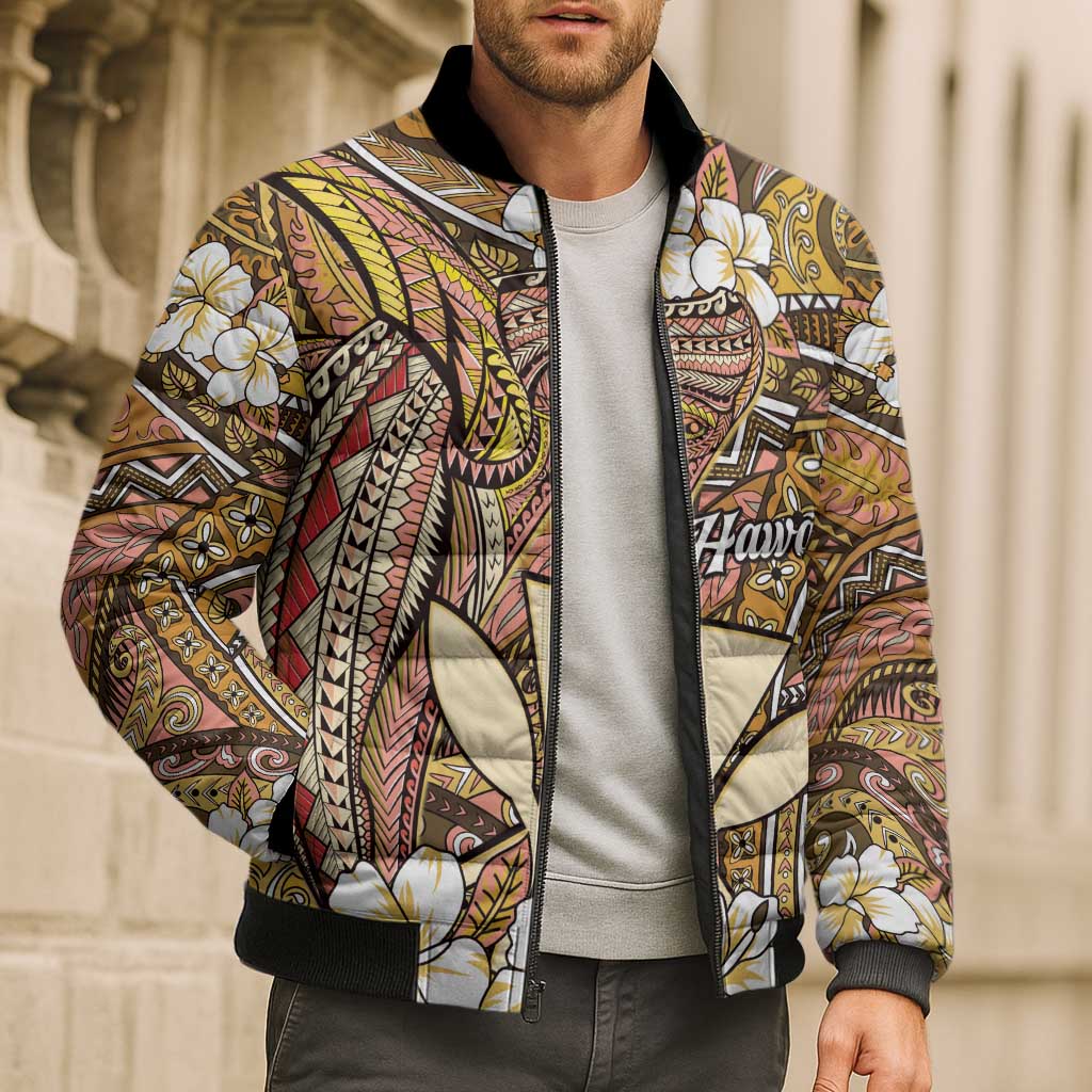Personalised Hawaii Tribal Humpback Whale Bomber Puffer Jacket Melemele Hibiscus Seamless Pattern