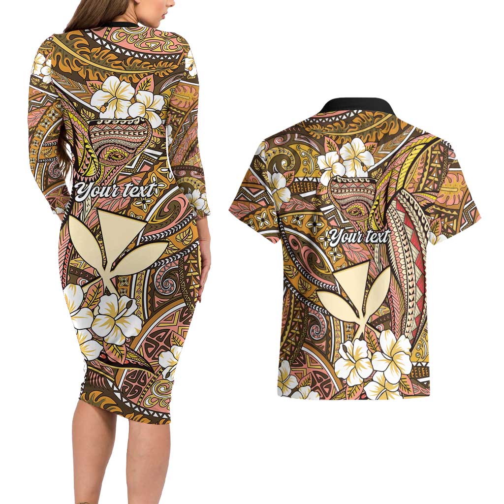 Personalised Hawaii Tribal Humpback Whale Couples Matching Long Sleeve Bodycon Dress and Hawaiian Shirt Melemele Hibiscus Seamless Pattern