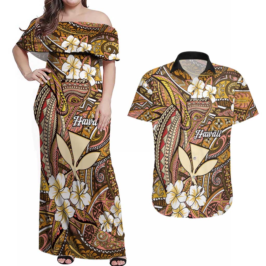 Personalised Hawaii Tribal Humpback Whale Couples Matching Off Shoulder Maxi Dress and Hawaiian Shirt Melemele Hibiscus Seamless Pattern