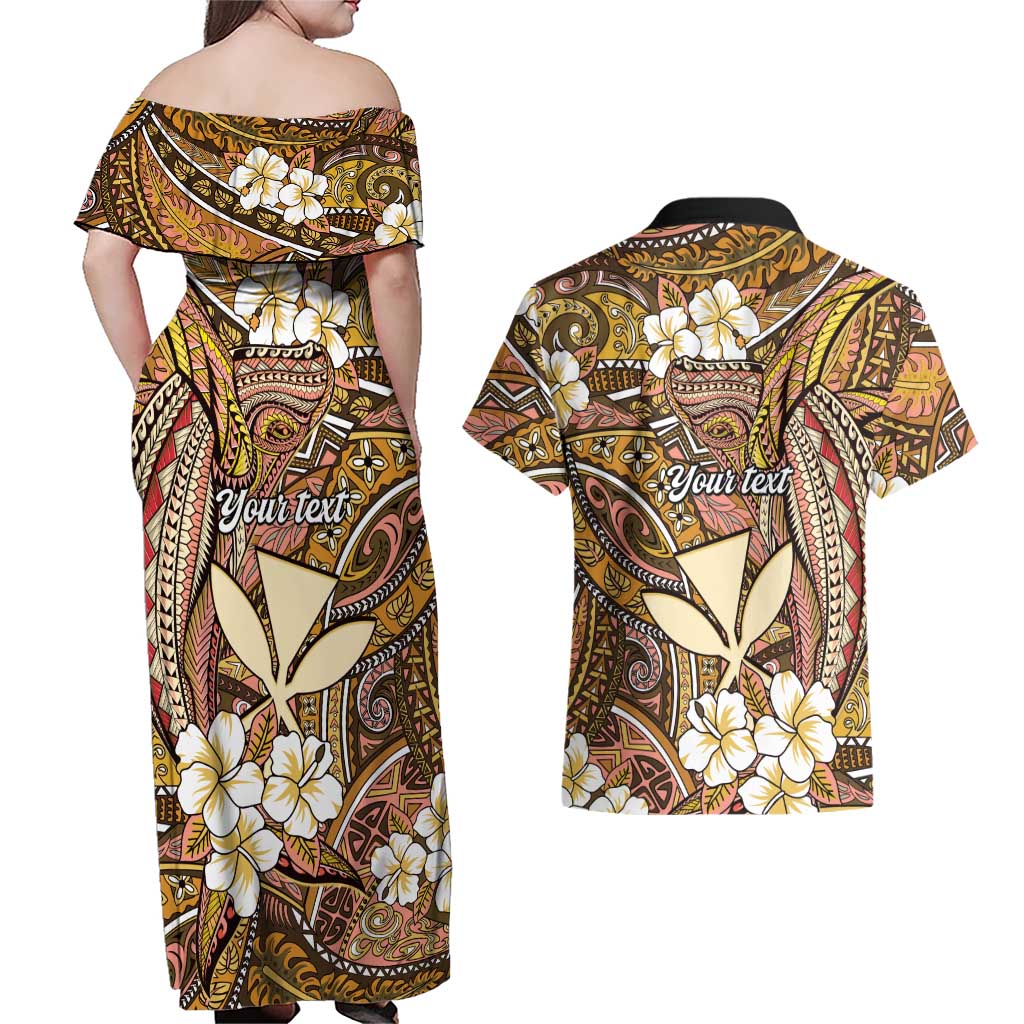 Personalised Hawaii Tribal Humpback Whale Couples Matching Off Shoulder Maxi Dress and Hawaiian Shirt Melemele Hibiscus Seamless Pattern