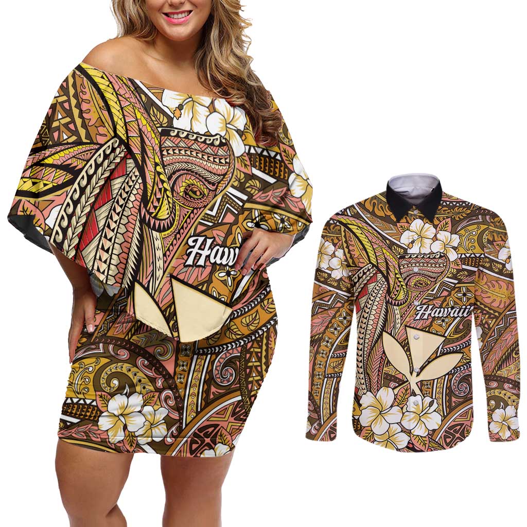 Personalised Hawaii Tribal Humpback Whale Couples Matching Off Shoulder Short Dress and Long Sleeve Button Shirt Melemele Hibiscus Seamless Pattern