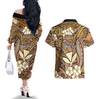 Personalised Hawaii Tribal Humpback Whale Couples Matching Off The Shoulder Long Sleeve Dress and Hawaiian Shirt Melemele Hibiscus Seamless Pattern