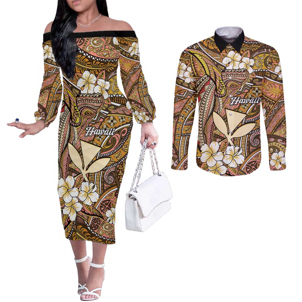 Personalised Hawaii Tribal Humpback Whale Couples Matching Off The Shoulder Long Sleeve Dress and Long Sleeve Button Shirt Melemele Hibiscus Seamless Pattern