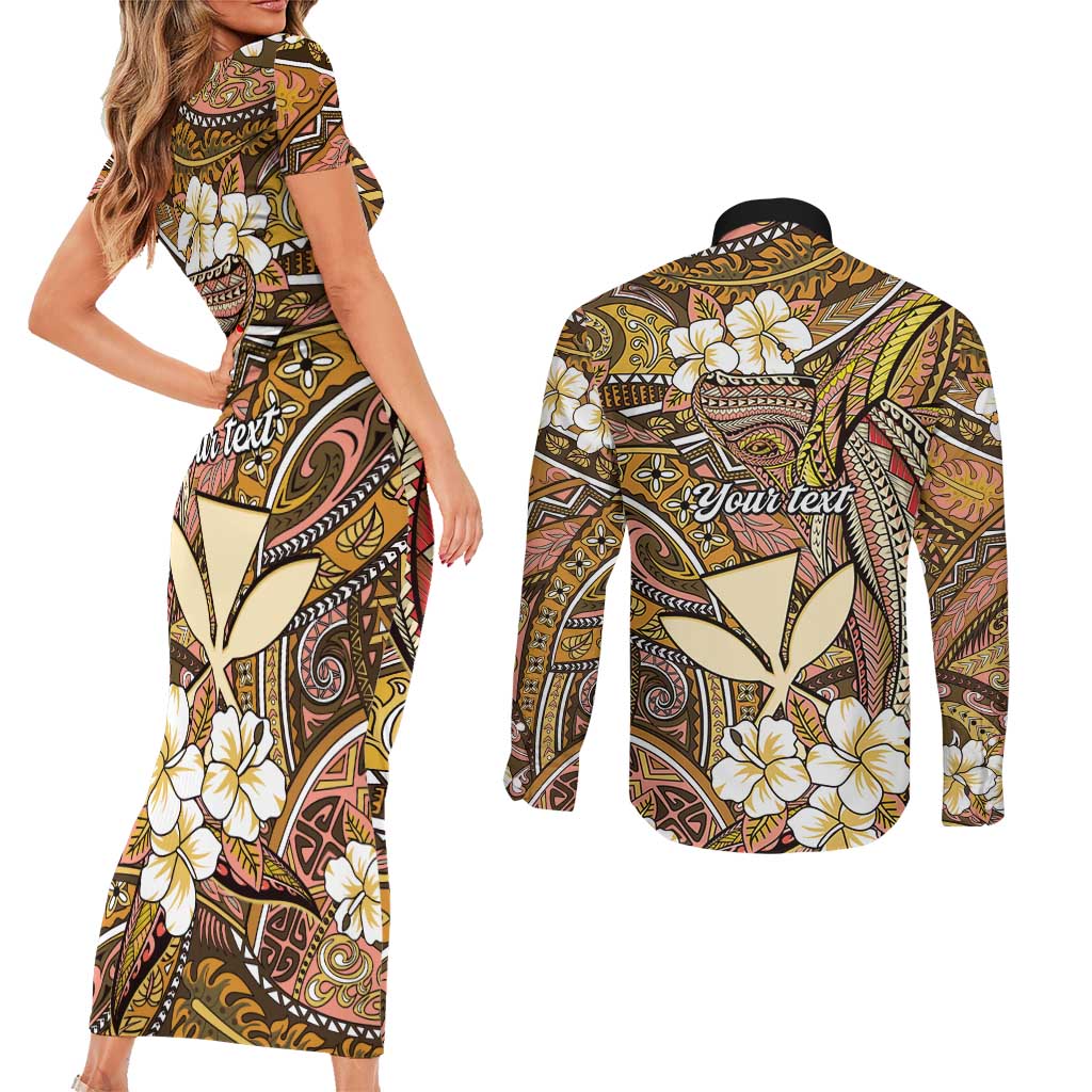 Personalised Hawaii Tribal Humpback Whale Couples Matching Short Sleeve Bodycon Dress and Long Sleeve Button Shirt Melemele Hibiscus Seamless Pattern