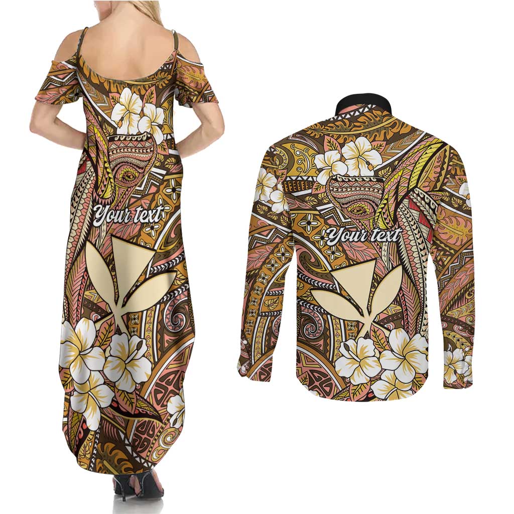 Personalised Hawaii Tribal Humpback Whale Couples Matching Summer Maxi Dress and Long Sleeve Button Shirt Melemele Hibiscus Seamless Pattern