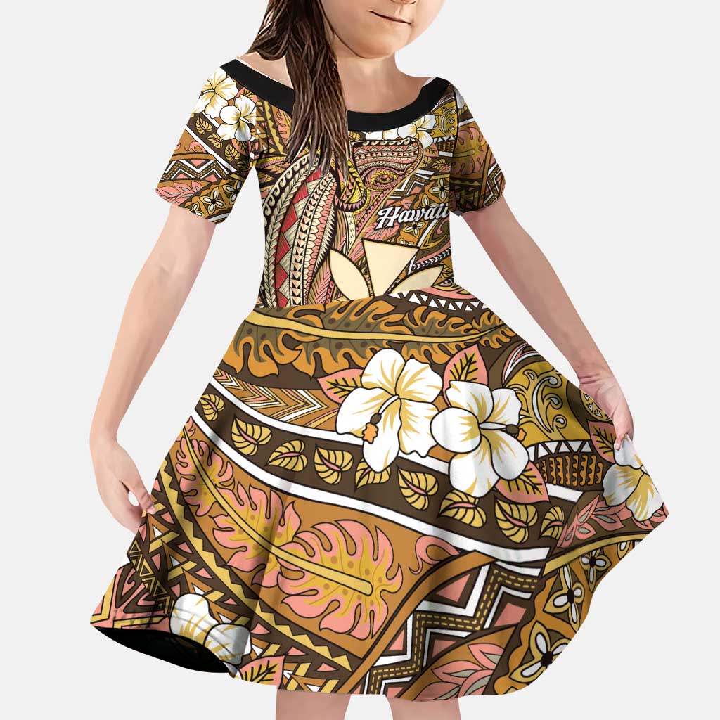 Personalised Hawaii Tribal Humpback Whale Family Matching Long Sleeve Bodycon Dress and Hawaiian Shirt Melemele Hibiscus Seamless Pattern LT9 Daughter's Dress Gold - Polynesian Pride