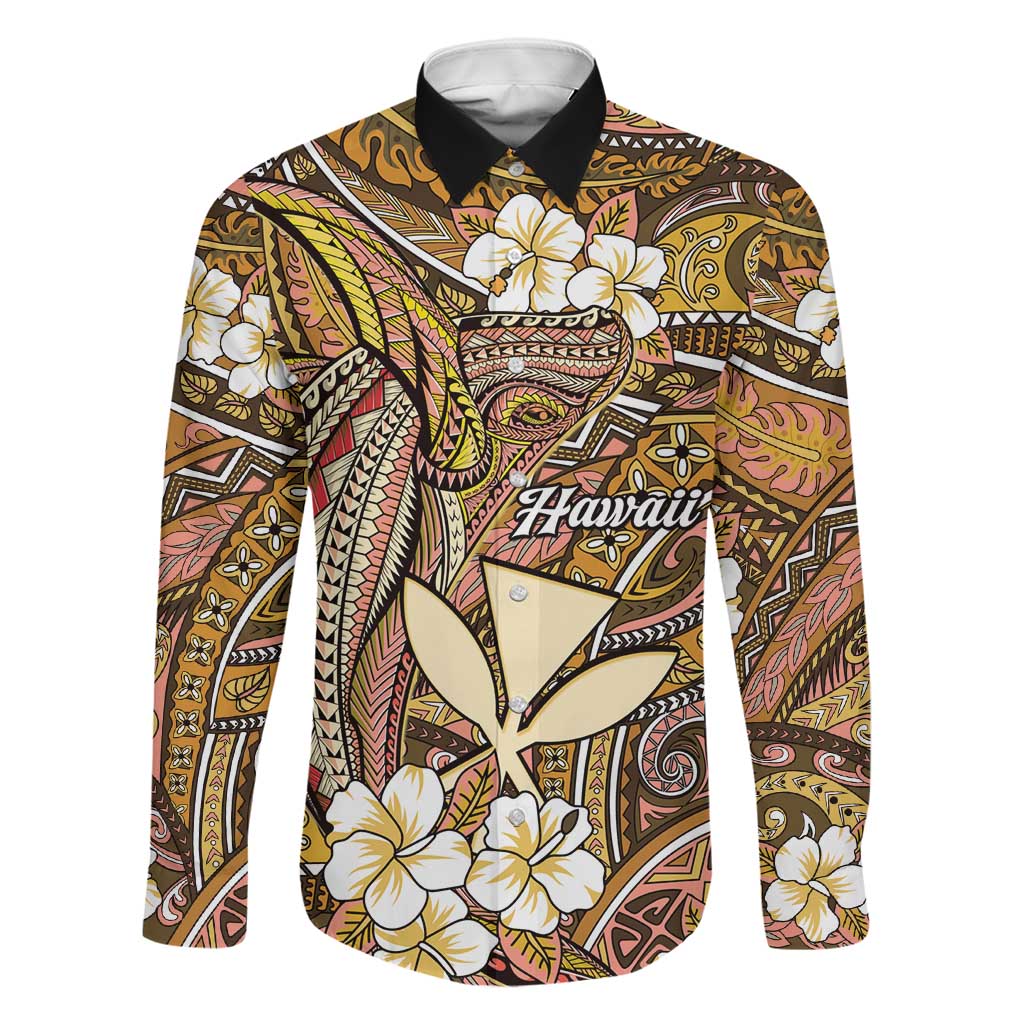 Personalised Hawaii Tribal Humpback Whale Family Matching Mermaid Dress and Hawaiian Shirt Melemele Hibiscus Seamless Pattern LT9 Dad's Shirt - Long Sleeve Gold - Polynesian Pride