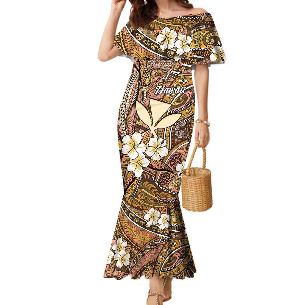 Personalised Hawaii Tribal Humpback Whale Family Matching Mermaid Dress and Hawaiian Shirt Melemele Hibiscus Seamless Pattern LT9 Mom's Dress Gold - Polynesian Pride
