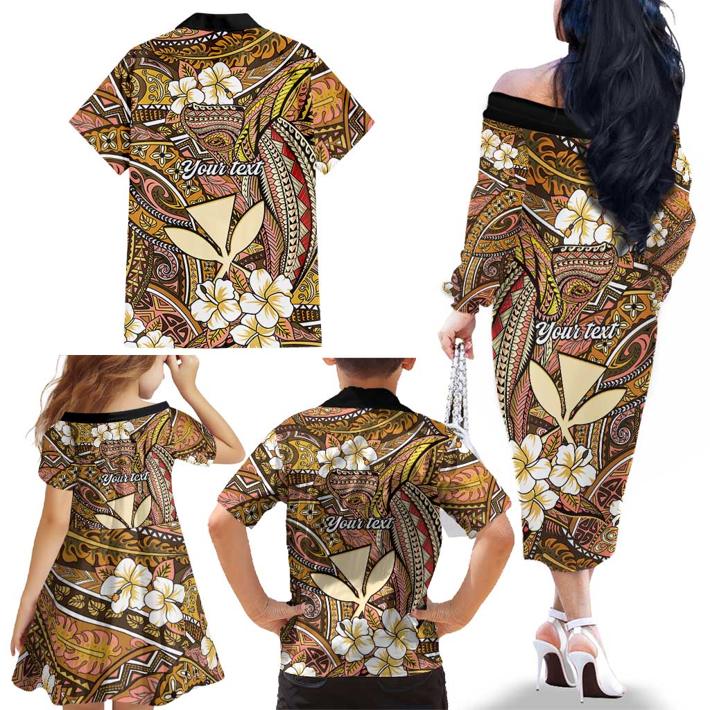 Personalised Hawaii Tribal Humpback Whale Family Matching Off The Shoulder Long Sleeve Dress and Hawaiian Shirt Melemele Hibiscus Seamless Pattern LT9 - Polynesian Pride