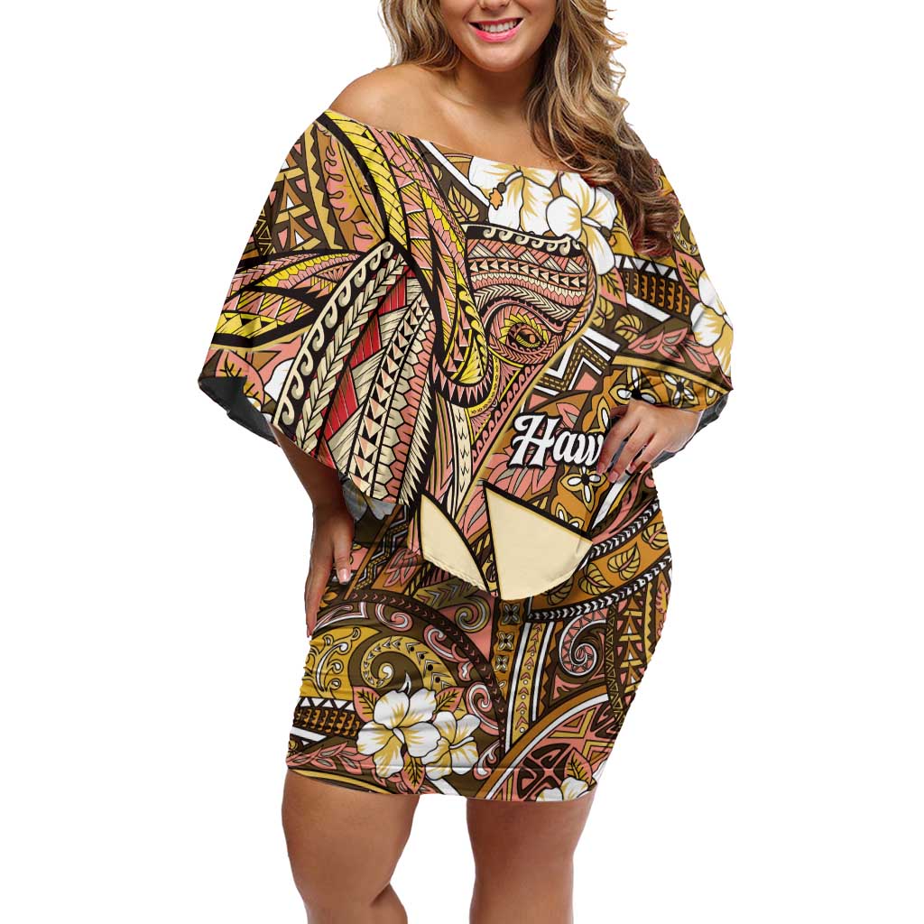 Personalised Hawaii Tribal Humpback Whale Family Matching Off Shoulder Short Dress and Hawaiian Shirt Melemele Hibiscus Seamless Pattern LT9 Mom's Dress Gold - Polynesian Pride
