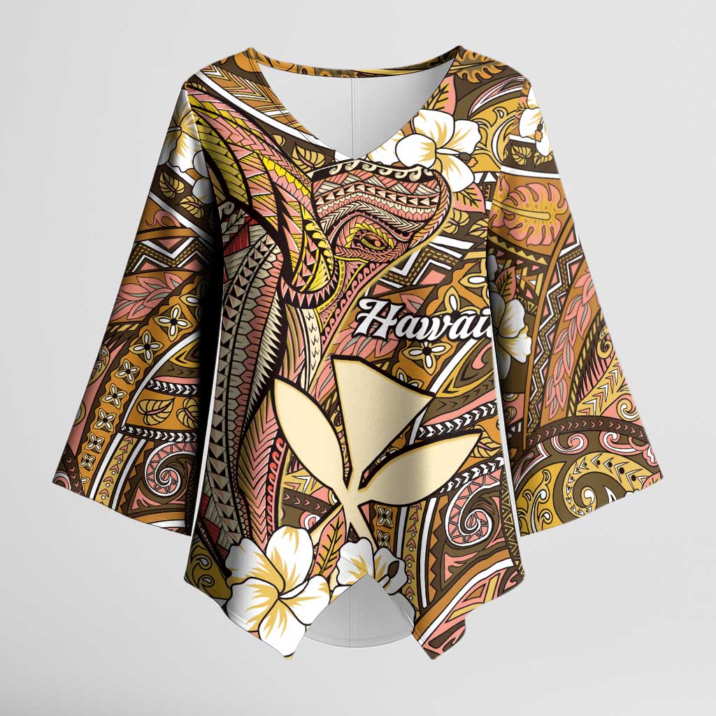 Personalised Hawaii Tribal Humpback Whale Kimono Sleeve Blouse Melemele Hibiscus Seamless Pattern