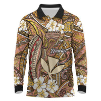 Personalised Hawaii Tribal Humpback Whale Long Sleeve Polo Shirt Melemele Hibiscus Seamless Pattern