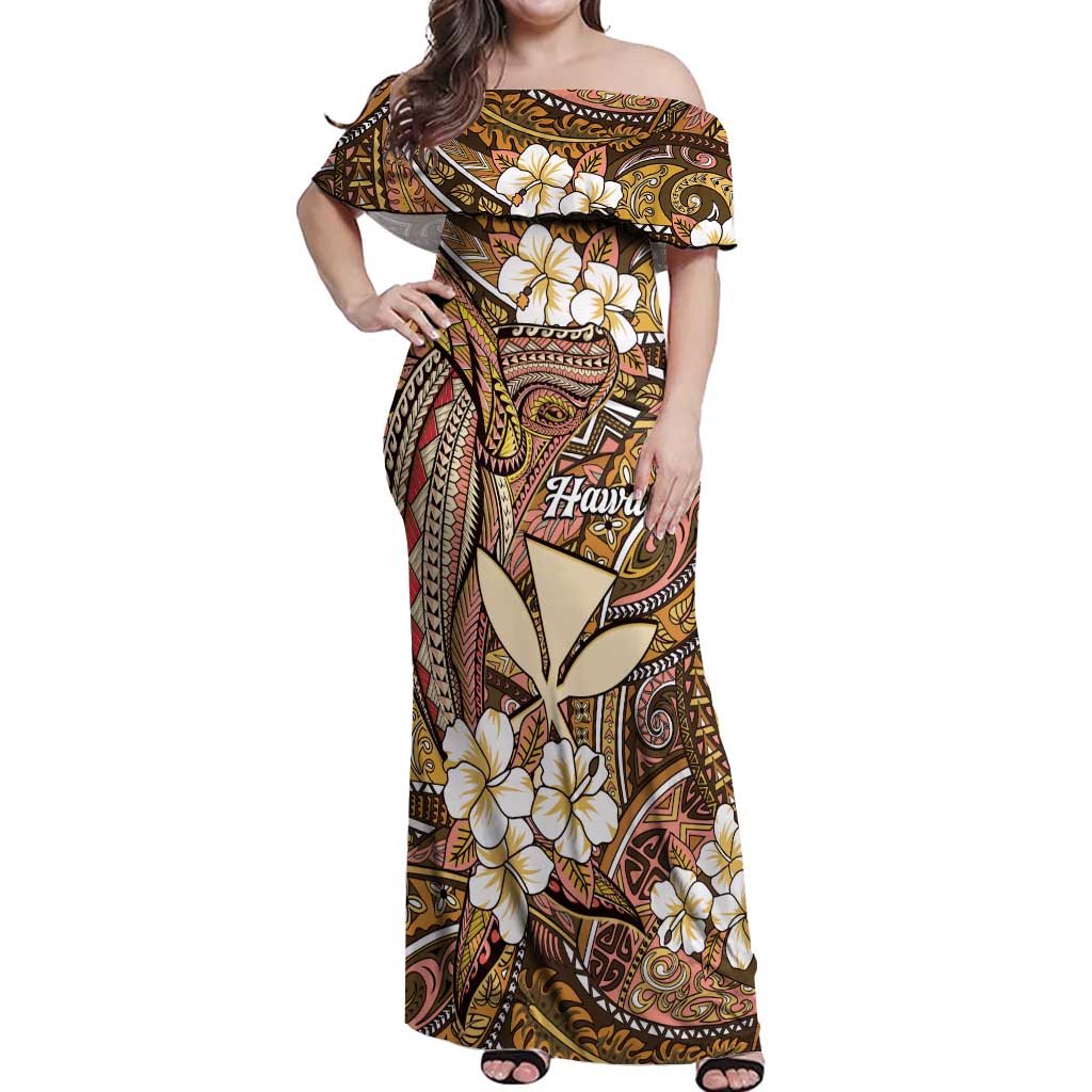 Personalised Hawaii Tribal Humpback Whale Off Shoulder Maxi Dress Melemele Hibiscus Seamless Pattern