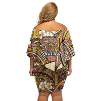 Personalised Hawaii Tribal Humpback Whale Off Shoulder Short Dress Melemele Hibiscus Seamless Pattern