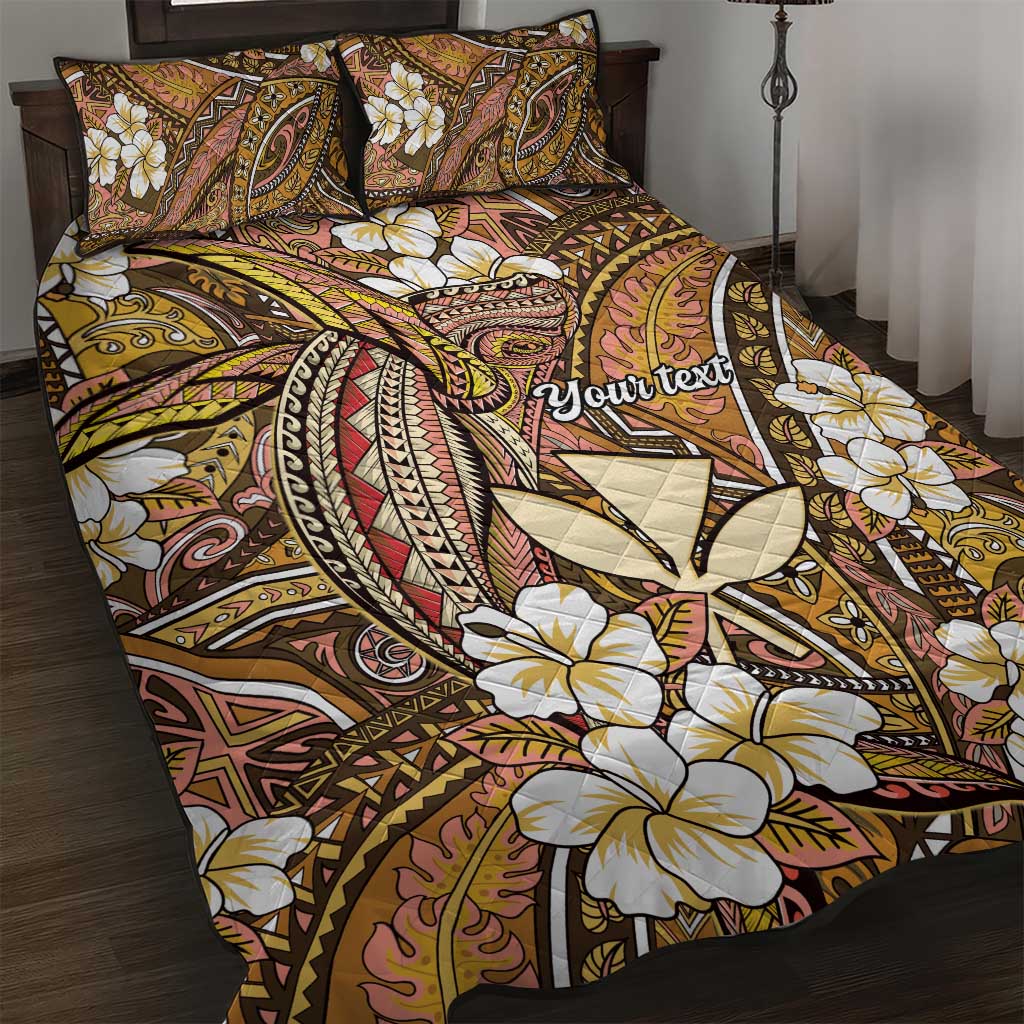 Personalised Hawaii Tribal Humpback Whale Quilt Bed Set Melemele Hibiscus Seamless Pattern