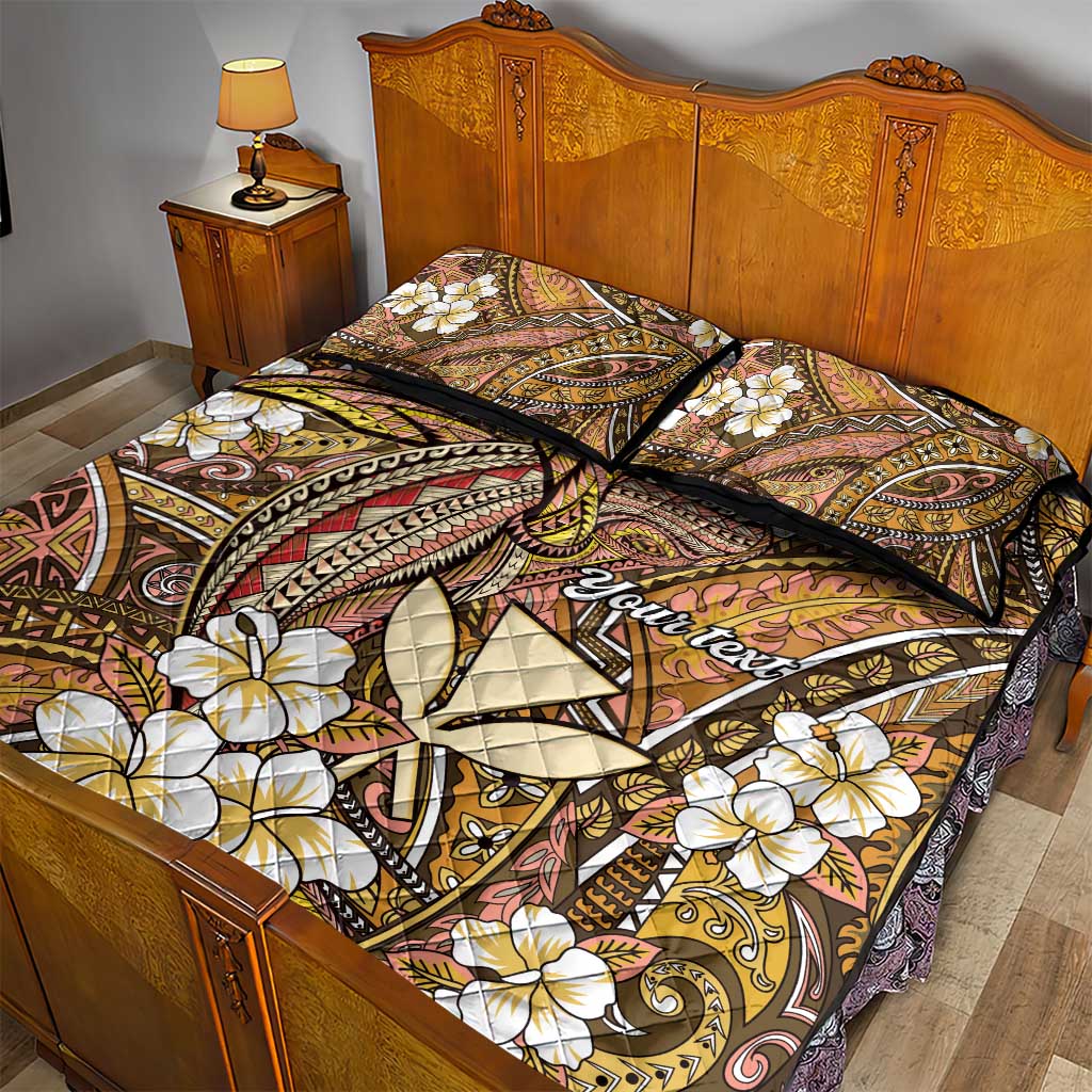 Personalised Hawaii Tribal Humpback Whale Quilt Bed Set Melemele Hibiscus Seamless Pattern