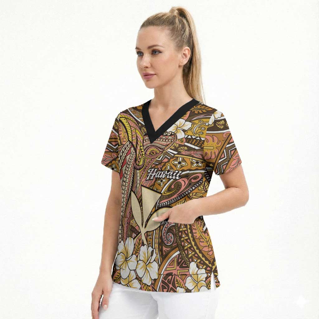 Personalised Hawaii Tribal Humpback Whale Scrub Top Melemele Hibiscus Seamless Pattern