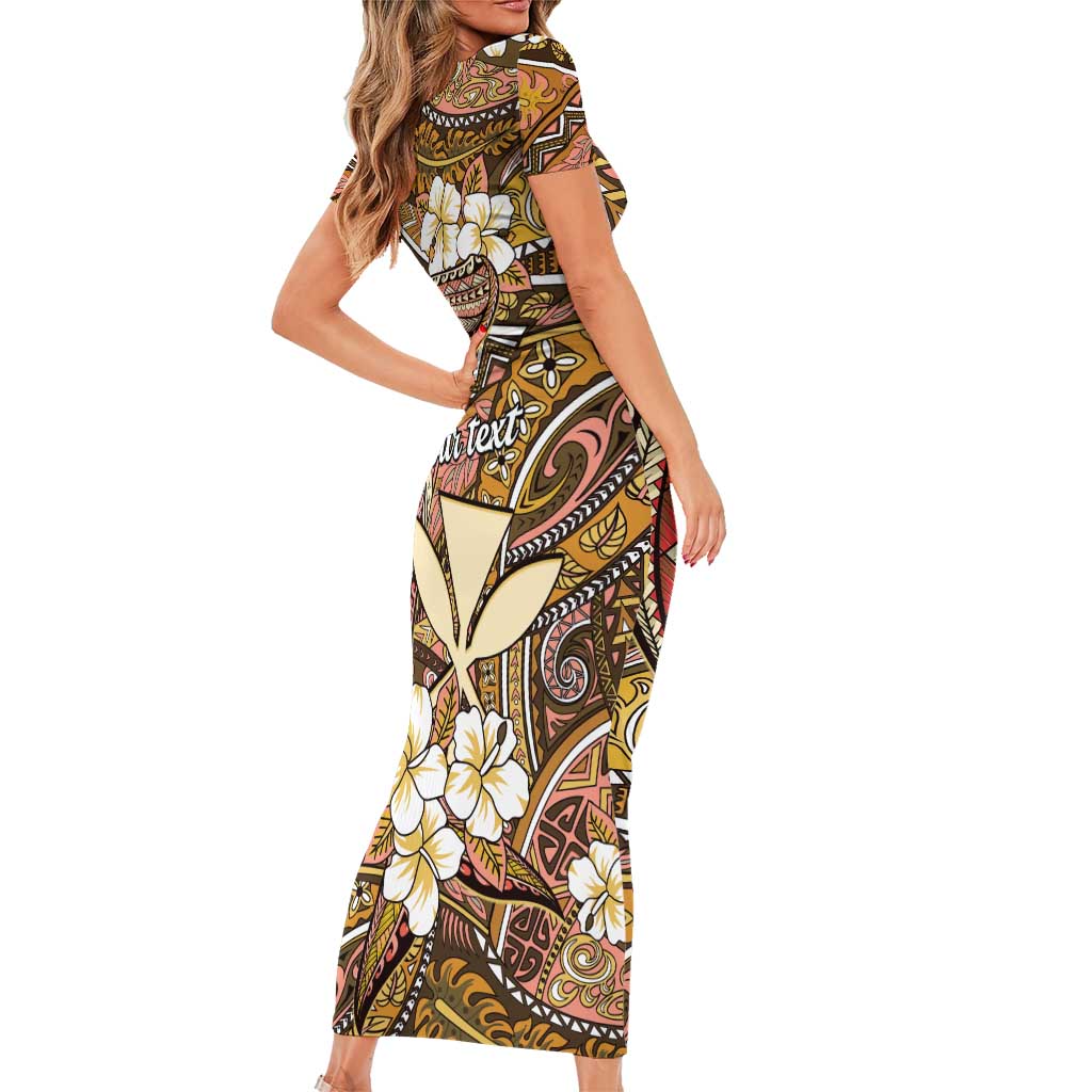 Personalised Hawaii Tribal Humpback Whale Short Sleeve Bodycon Dress Melemele Hibiscus Seamless Pattern