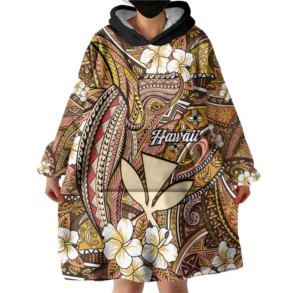 Personalised Hawaii Tribal Humpback Whale Wearable Blanket Hoodie Melemele Hibiscus Seamless Pattern