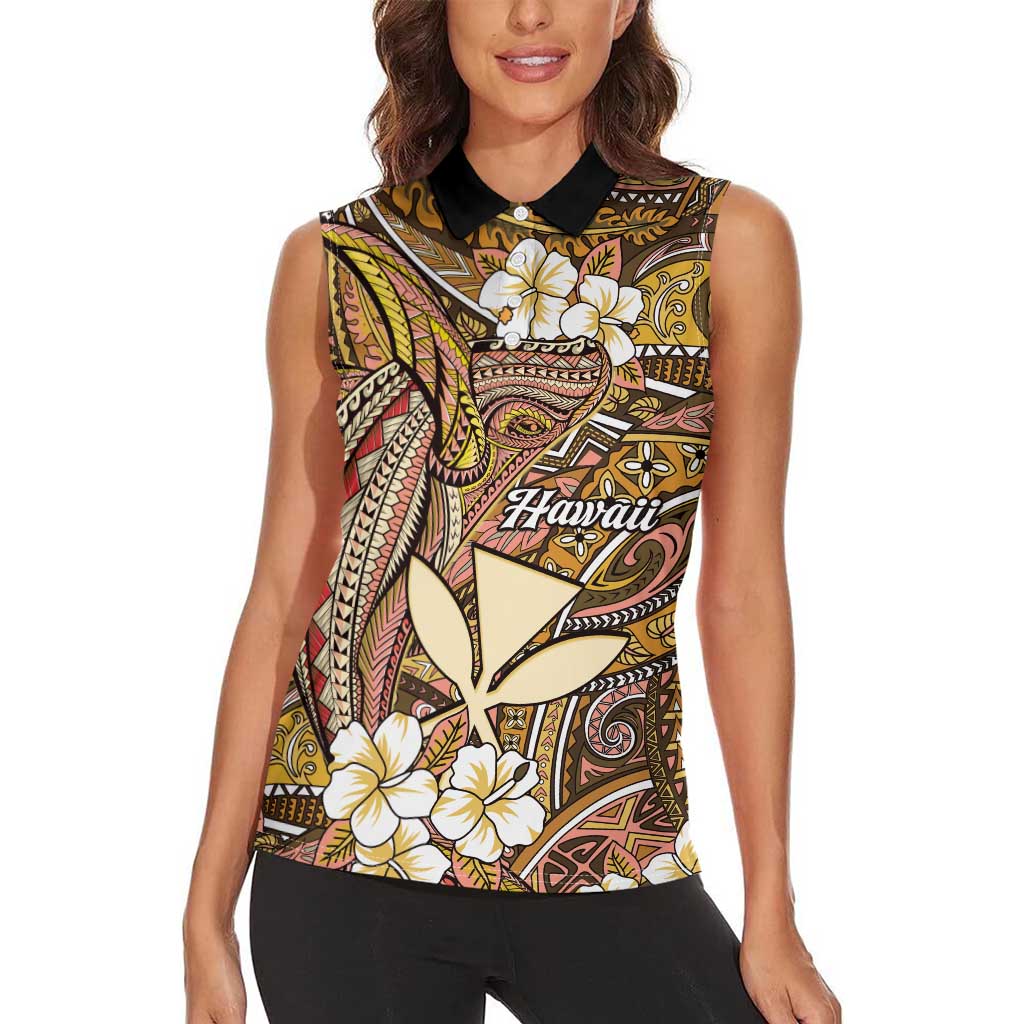 Personalised Hawaii Tribal Humpback Whale Women Sleeveless Polo Shirt Melemele Hibiscus Seamless Pattern