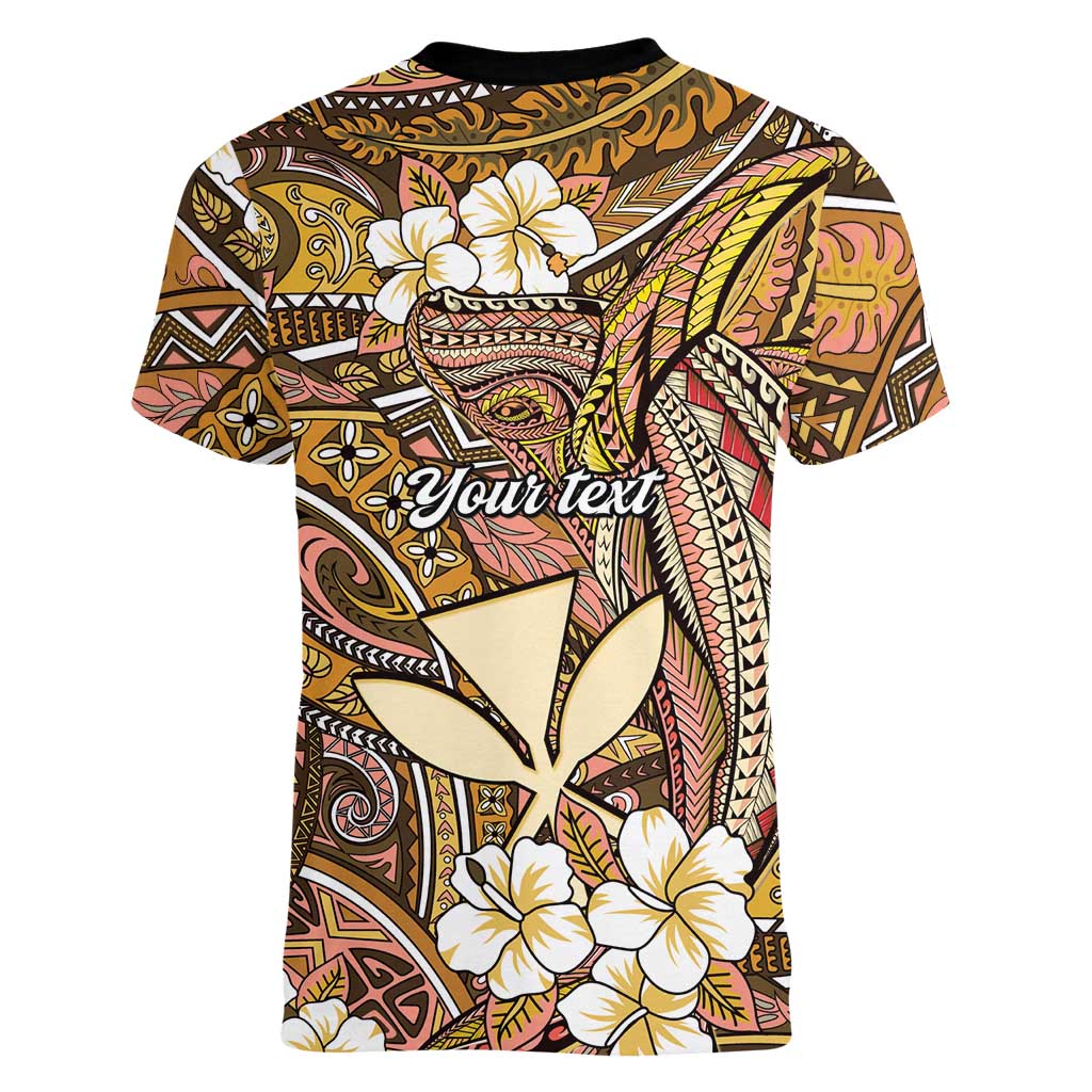 Personalised Hawaii Tribal Humpback Whale Women V-Neck T-Shirt Melemele Hibiscus Seamless Pattern