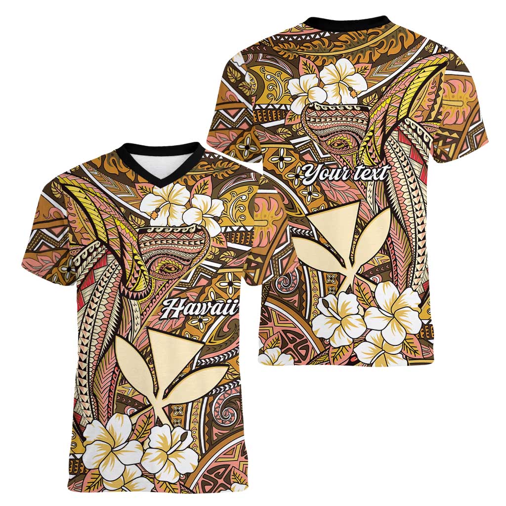 Personalised Hawaii Tribal Humpback Whale Women V-Neck T-Shirt Melemele Hibiscus Seamless Pattern