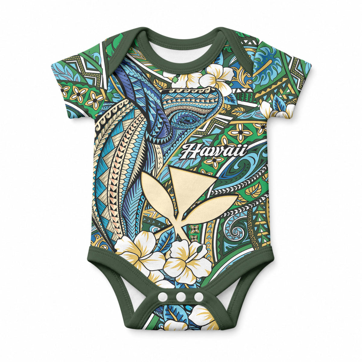 Personalised Hawaii Tribal Humpback Whale Baby Onesie Omaomao Hibiscus Seamless Pattern LT9 Blue - Polynesian Pride