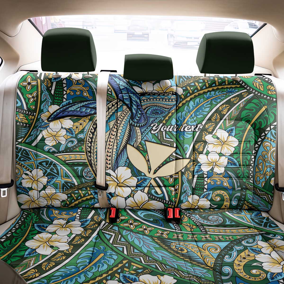 Personalised Hawaii Tribal Humpback Whale Back Car Seat Cover Omaomao Hibiscus Seamless Pattern