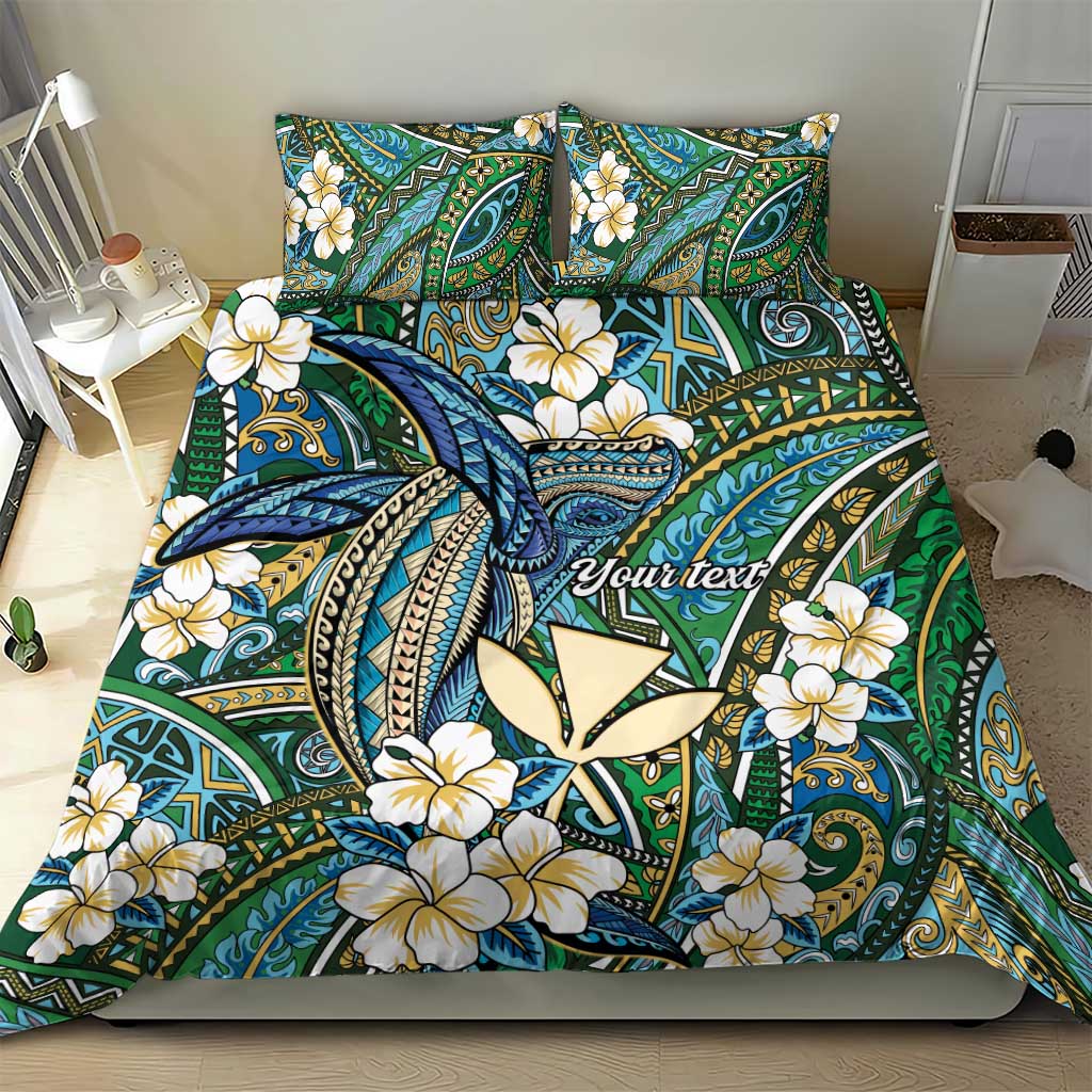 Personalised Hawaii Tribal Humpback Whale Bedding Set Omaomao Hibiscus Seamless Pattern