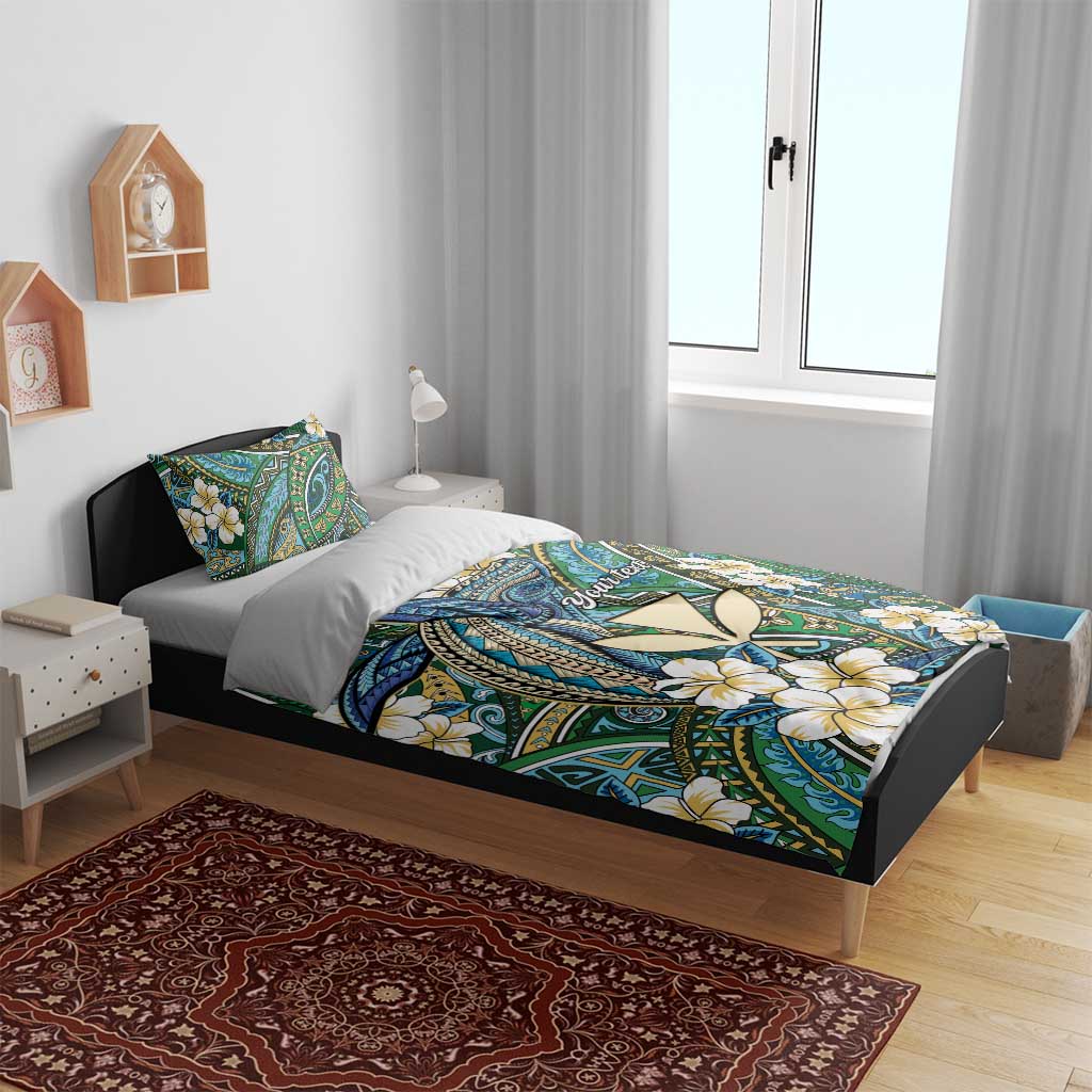 Personalised Hawaii Tribal Humpback Whale Bedding Set Omaomao Hibiscus Seamless Pattern