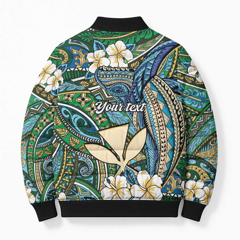 Personalised Hawaii Tribal Humpback Whale Bomber Puffer Jacket Omaomao Hibiscus Seamless Pattern