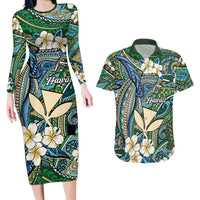 Personalised Hawaii Tribal Humpback Whale Couples Matching Long Sleeve Bodycon Dress and Hawaiian Shirt Omaomao Hibiscus Seamless Pattern